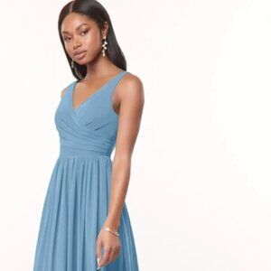 Azazie Keyla Bridesmaid Dresses Steel Blue A-Line V-Neck Pleated Chiffon